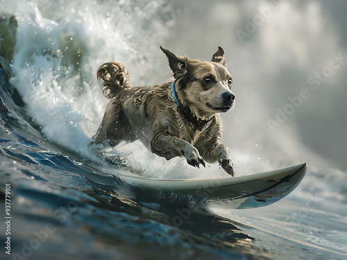 Surfing Dog Riding a Perfect Wave: Stunningly Detailed and Intricately Composed, Capturing Every Insane Detail in Octane Render Quality