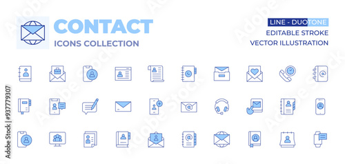 Contact icons collection. Line Duotone style, editable stroke. email, curriculum, cv, letter, planner, add friend, agenda, conference, contact, contact form, contact book, smartphone