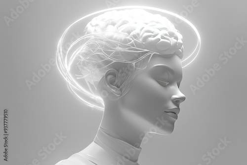 Monochrome sculpture of a human head with a glowing halo symbolizing the purity of thought cognitive clarity and the spiritual connection between the mind and higher consciousness photo