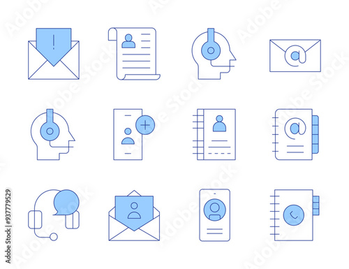 Contact icons. Line Duotone style, editable stroke. email, cv, customer service, headphones, spam, phone book, phone, add friend, agenda, phonebook