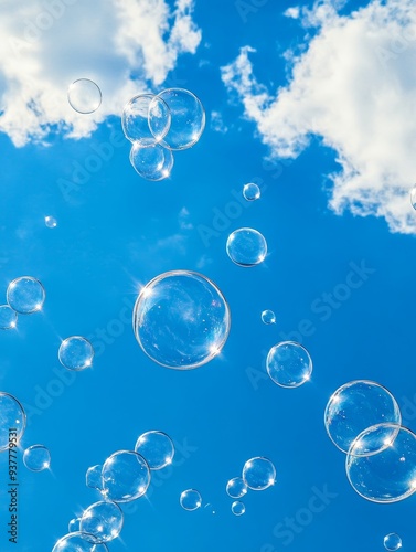 Bubbles Floating in a Blue Sky - A beautiful image of soap bubbles floating in a blue sky with white fluffy clouds. The bubbles reflect the light, creating a shimmering effect. This image represents j photo