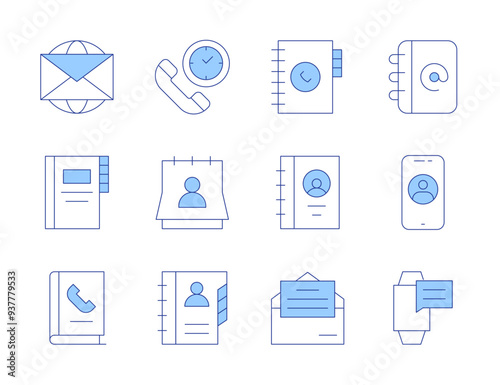 Contact icons. Line Duotone style, editable stroke. mail, contacts, message, phone book, contact, phone contact, time, contact list, phonebook, invitation, book