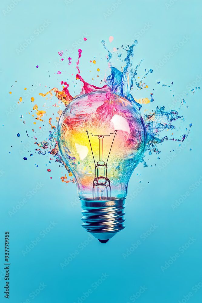 Creative concept light bulb explodes with colorful water colors on a light blue background. Think different, creative idea. Productivity and creativity
Creative concept light bulb explodes with colorful water colors on a light blue background. Think different, creative idea. Productivity and creativity