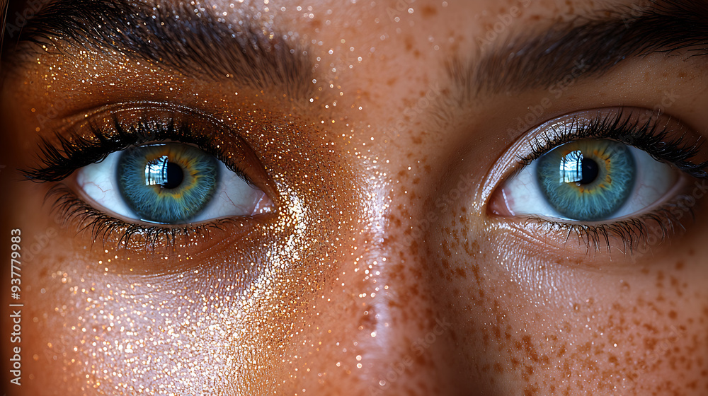 A close-up of a person’s face focusing on the eyes, which are notable for their bright blue color and the surrounding skin adorned with golden glitter A close-up of a person’s face focusing on the eyes, which are notable for their bright blue color and the surrounding skin adorned with golden glitter