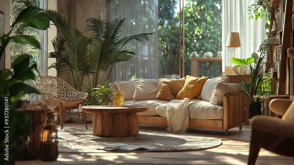 Fototapeta premium Cozy Living Room with Warm Natural Lighting and Wooden Furniture