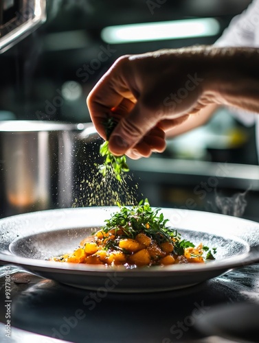 Chef Finishing a Delicious Dish with Fresh Herbs - A chef's hand carefully adds fresh herbs to a plate of steaming gnocchi, symbolizing culinary skill, freshness, flavor, presentation, and gourmet din photo