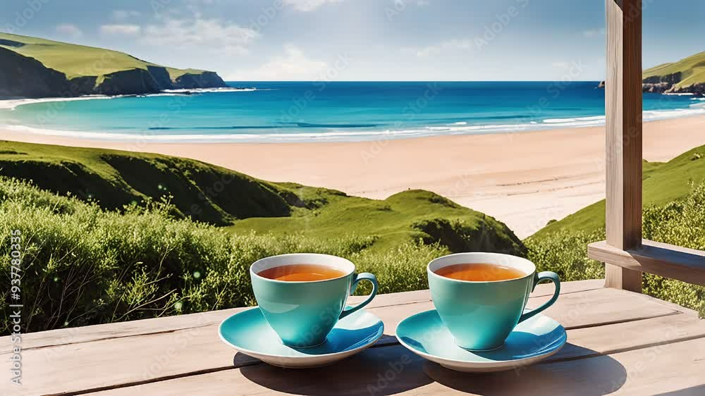 Two steaming cups of tea on wooden table with ocean view and green hills under bright blue sky. Friendship concept Two steaming cups of tea on wooden table with ocean view and green hills under bright blue sky. Friendship concept