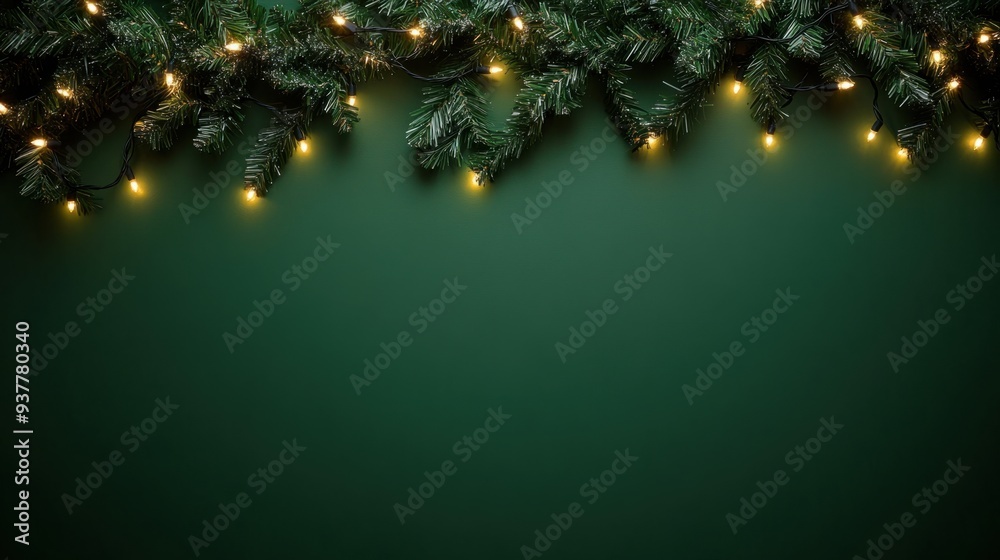 Festive Christmas Garland with Twinkling Lights on Green Background Festive Christmas Garland with Twinkling Lights on Green Background