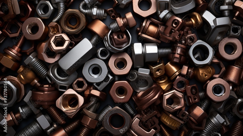 Old nut and bolts on dark background. Neural network ai generated art Old nut and bolts on dark background. Neural network ai generated art