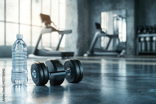 3D rendering, dumbbells on the floor in concept fitness room with water bottle and training equipments with generative ai