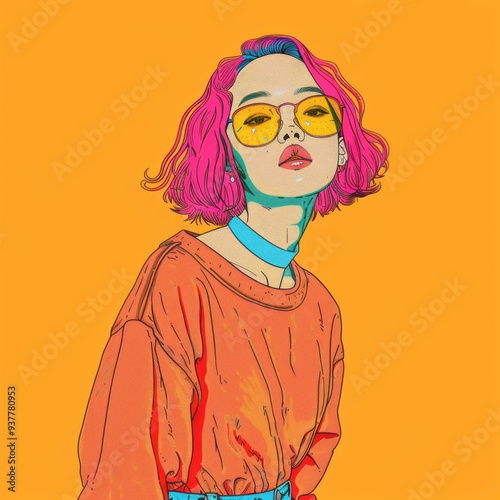 Hipster girl with glasses and pink hair, Pop Art Fashion Illustration, Digital Art, flat 2d background with three colours only, colourful multicoloured character, cool and beautiful figure, LA