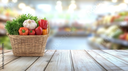 Food and groceries in shopping basket on wood table with blurred suppermarket in background, panoramic banner with copy space photo