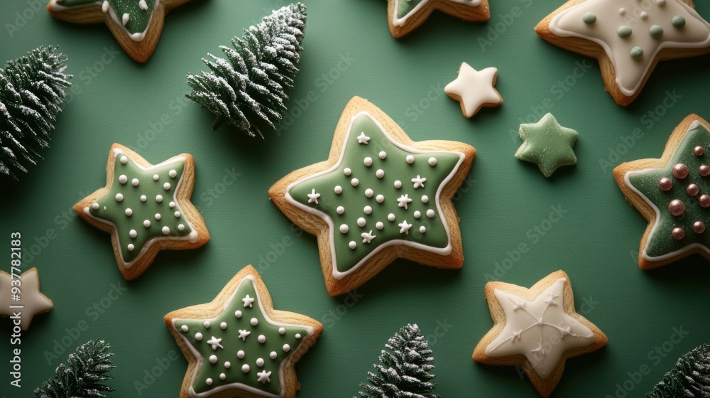 Festive Christmas Cookies in Star and Tree Shapes on Green Background