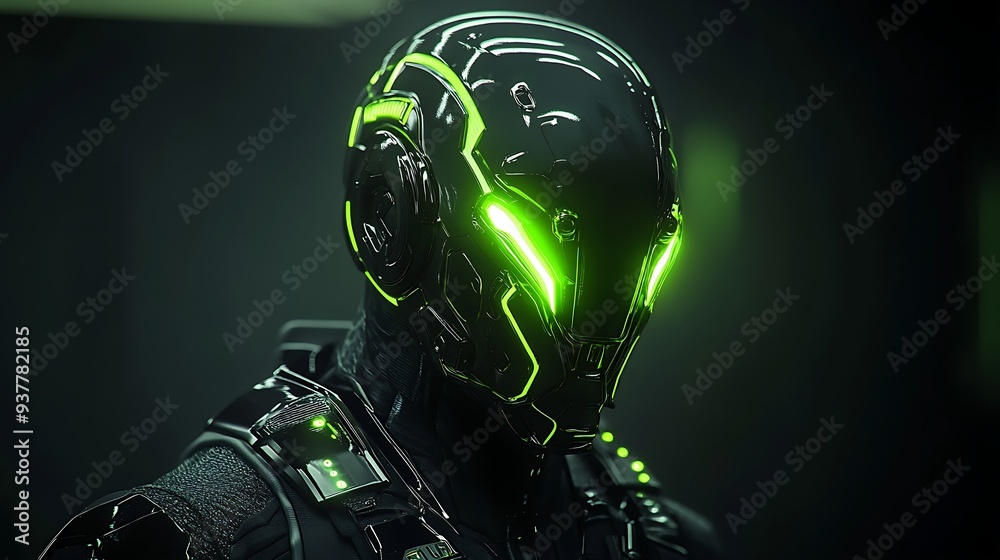 Futuristic cyberpunk cyborg with glowing green lights. Futuristic cyberpunk cyborg with glowing green lights.
