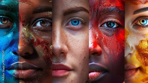 five portraits with different skin tones, each featuring colorful paint on their faces, diversity concept 