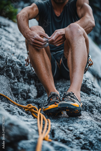 Crop anonymous barefoot alpinist putting on climbing shoes while sitting on rough rocky ground near ropes in nature on summer day
 photo