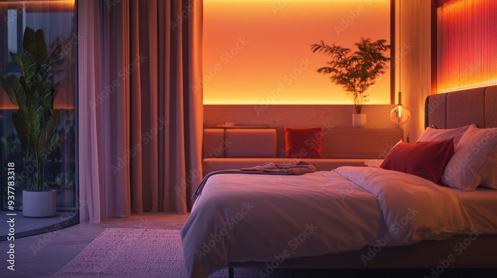 A modern bedroom with AI-controlled smart lighting and temperature settings, creating a comfortable and personalized environment A modern bedroom with AI-controlled smart lighting and temperature settings, creating a comfortable and personalized environment