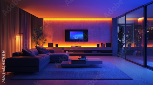 A modern living room equipped with AI-controlled smart lighting and entertainment systems, creating a personalized and immersive experience for the user photo