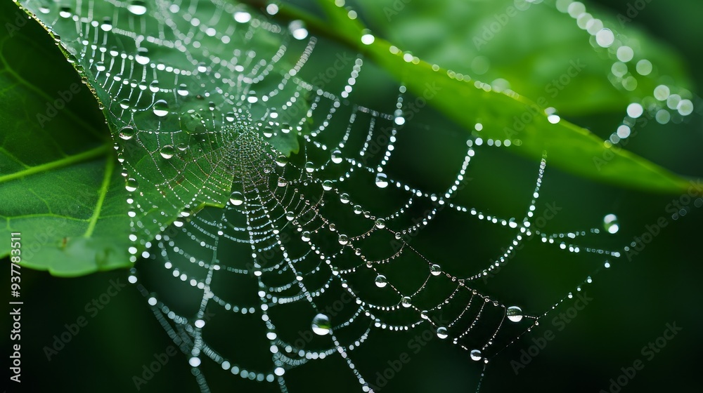 Background spider web in morning dew drops on green grass. Neural network ai generated art Background spider web in morning dew drops on green grass. Neural network ai generated art