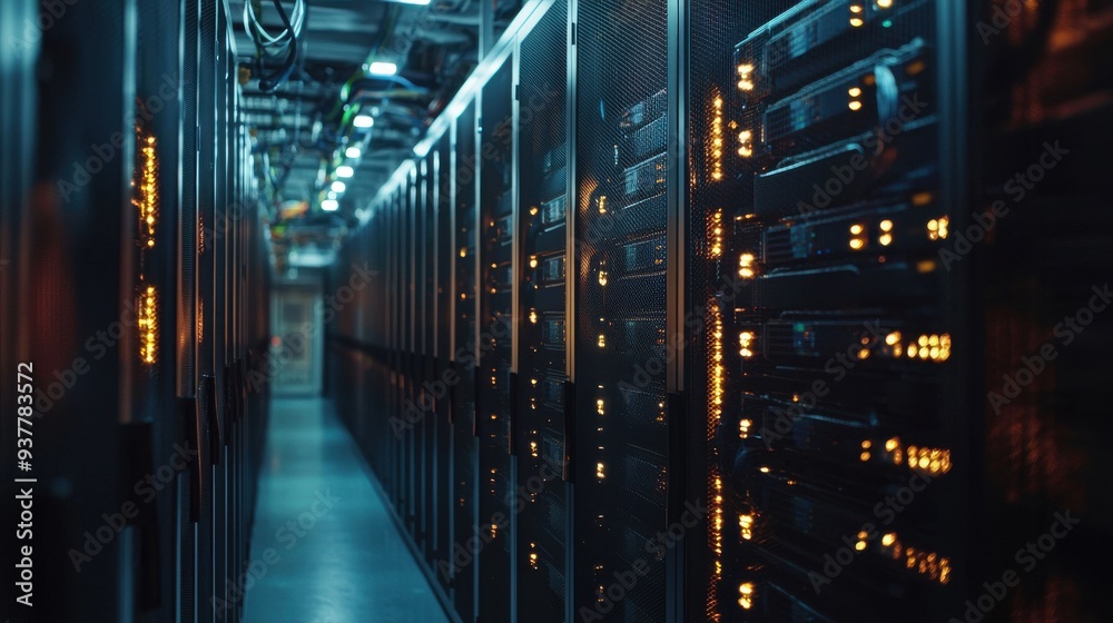 A detailed shot of a data center, with rows of servers and advanced cooling systems working together to support AI and machine learning applications in real-time, ensuring efficiency and reliability A detailed shot of a data center, with rows of servers and advanced cooling systems working together to support AI and machine learning applications in real-time, ensuring efficiency and reliability