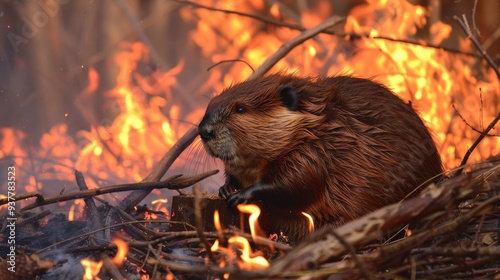 A beaver amidst a dramatic scene of fire, showcasing the impact of wildfires on wildlife and the natural environment.