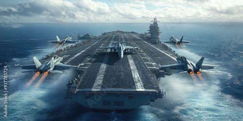 Aircraft carrier sails across the ocean with warships and fighter jets, showcasing military might and defense in action. Banner photo