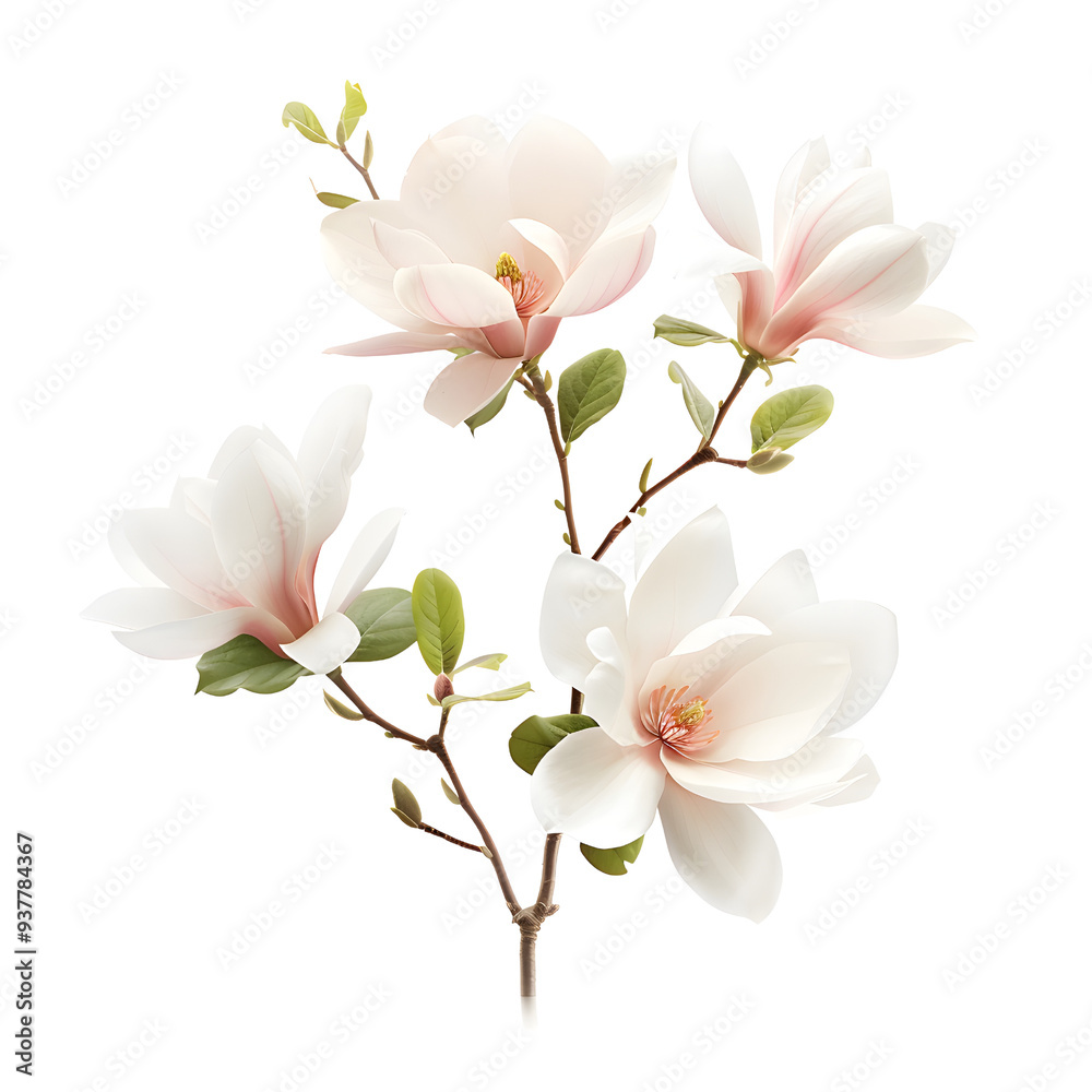 Obraz premium Blooming Magnolia Flowers with Green Leaves on Branch