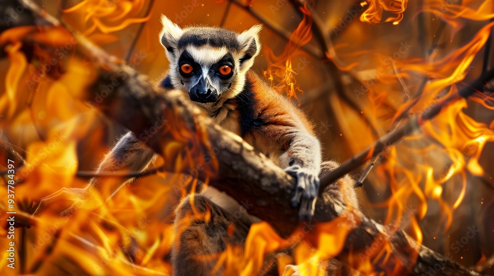 Fototapeta premium A lemur perched on a branch surrounded by intense flames, showcasing a striking contrast between wildlife and fire.