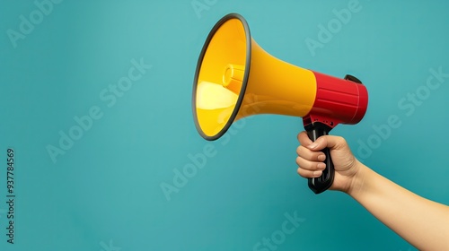 Close-up of hand holding megaphone, with yellow and red colors on blue background, copy space