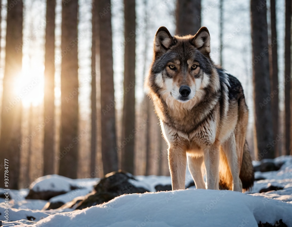 Naklejka premium wolf in the woods dramatic cinematic panoramic picture with wild predator animal posing in deep forest rocky picturesque. Ai generated image 