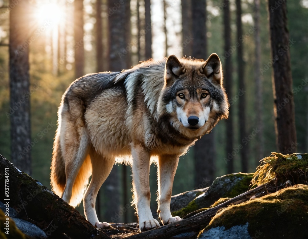 Obraz premium wolf in the woods dramatic cinematic panoramic picture with wild predator animal posing in deep forest rocky picturesque. Ai generated image 