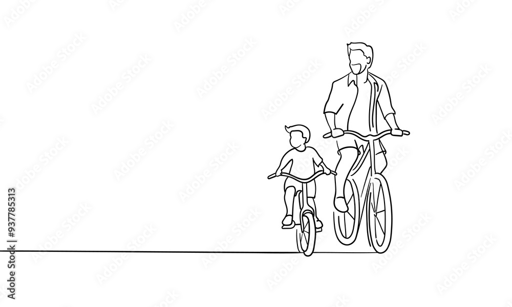 Obraz premium The family rides bicycles. Father and child go for a walk continuous line art drawing isolated on white background. Father` s day. Vector illustration
