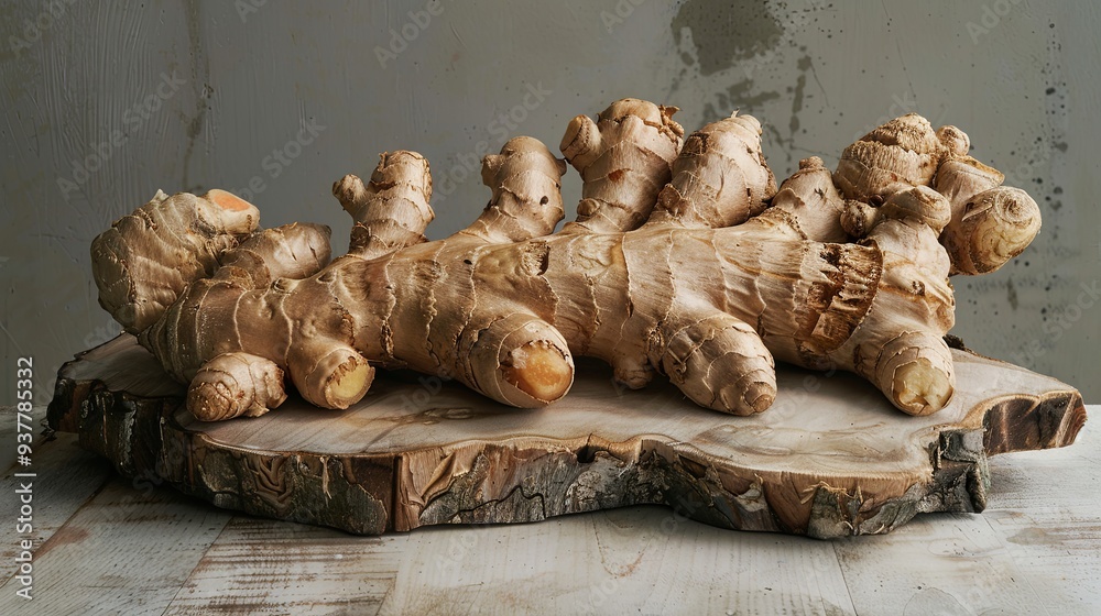 Fototapeta premium Ginger root on a wooden board 