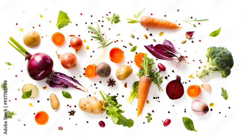 Falling mix of different vegetables, potatoes, cabbage, carrots, beets and onion with herbs and spices isolated on white background Falling mix of different vegetables, potatoes, cabbage, carrots, beets and onion with herbs and spices isolated on white background