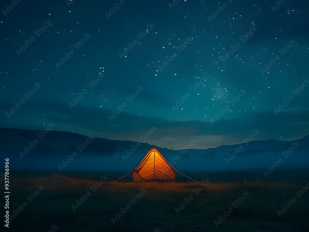 Glowing Tent Under Starry Night Sky in Peaceful Field Landscape Glowing Tent Under Starry Night Sky in Peaceful Field Landscape
