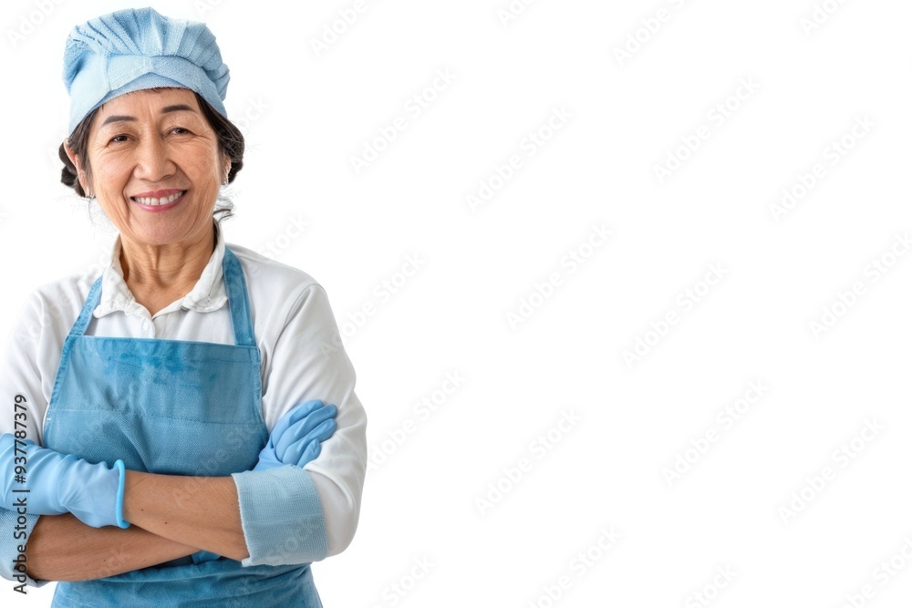 Older woman in a blue uniform and cap, smiling with arms crossed, against a white background, representing professionalism and warmth Older woman in a blue uniform and cap, smiling with arms crossed, against a white background, representing professionalism and warmth