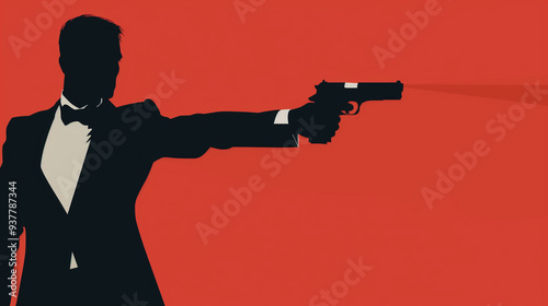 An intense illustration of a secret agent aiming a gun, set against a striking red background. The image captures the tension and drama of a high-stakes mission
