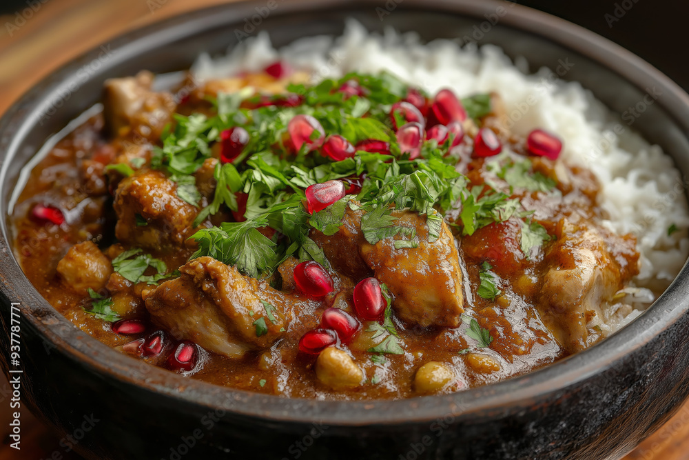 Persian Fesenjan Stew with Chicken, Topped with Fresh Pomegranate Seeds and Herbs Persian Fesenjan Stew with Chicken, Topped with Fresh Pomegranate Seeds and Herbs
