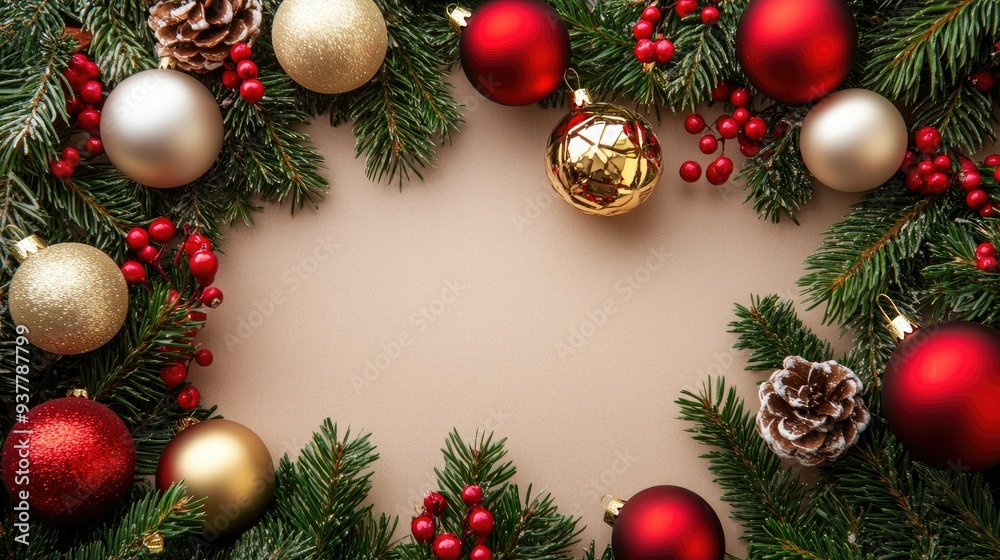 Close-up of festive decorations, including ornaments and garlands, with room for text on a simple backdrop. Close-up of festive decorations, including ornaments and garlands, with room for text on a simple backdrop.