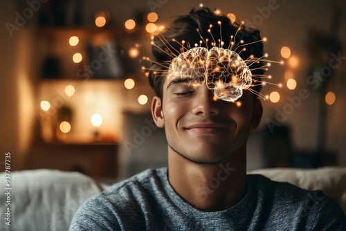 Smiling person with glowing neural networks symbolizing joy positivity and the powerful connection between human emotion and modern technology photo