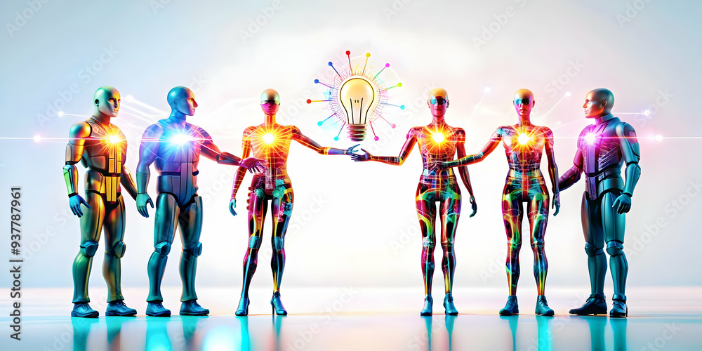 Fototapeta premium Flat AI Powered Creative Collaboration Concept Illustration - Abstract Digital Art Banner Representing Innovative Teamwork and Fusion of Human and Artificial Intelligence in Smart Business | Simple Fl