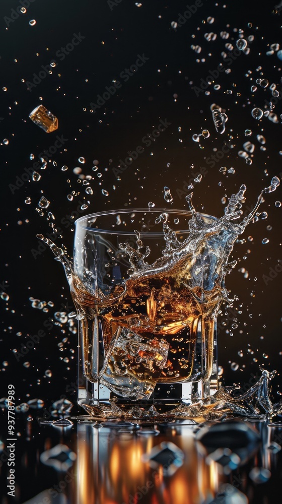 A glass of liquor with ice cubes in it is splashing water A glass of liquor with ice cubes in it is splashing water