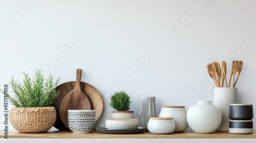 Close-up of modern home decor items, neatly arranged with room for text on a simple backdro photo