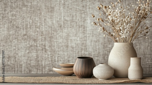 Close-up of modern home decor items, neatly arranged with room for text on a simple backdro photo