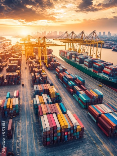 Wallpaper Mural Global Trade and Logistics: Cargo Containers at Sunset - A panoramic view of a busy port with cargo containers stacked high and cranes working diligently against a vibrant sunset backdrop, symbolizing Torontodigital.ca