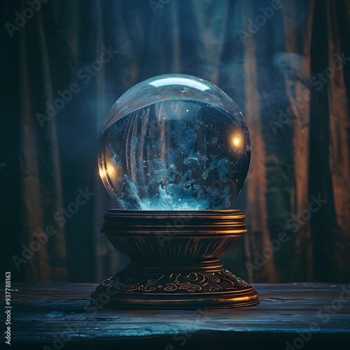 Glowing Crystal Ball in Mysterious Fortune Teller s Tent with Darkness Background photo