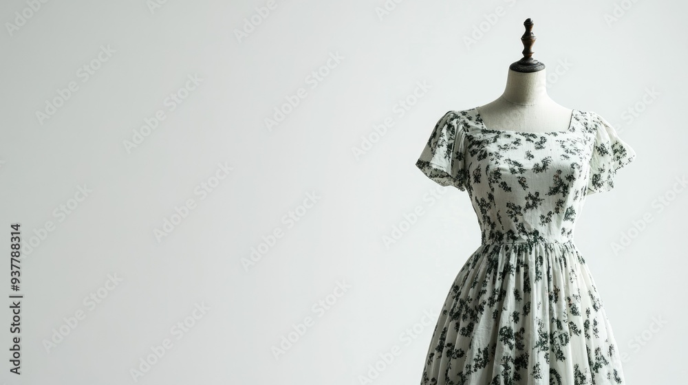 Elegant European summer dress on a mannequin, no people, set against a clean white background with ample copy space. Elegant European summer dress on a mannequin, no people, set against a clean white background with ample copy space.
