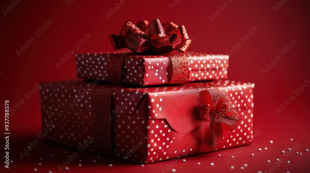 Obraz premium Festive Christmas Presents Wrapped in Beautiful Bows on Red Background