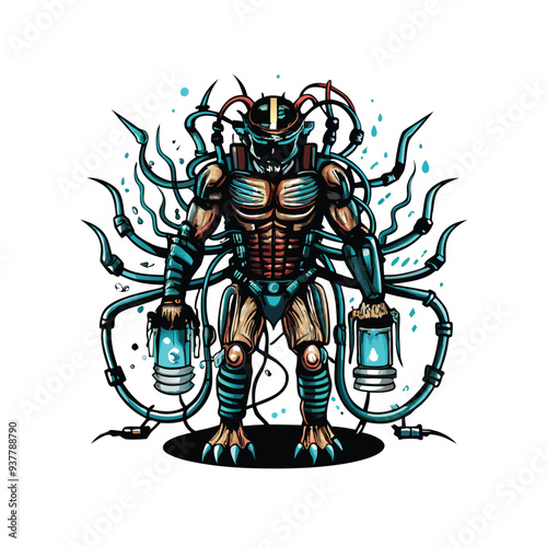 A terrifying, biomechanical alien with sharp claws, a muscular body, and multiple robotic appendages.