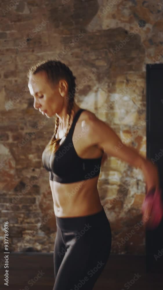 Woman with braided hair warming up before boxing workout in rustic gym. Concept of fitness, strength and dedication Woman with braided hair warming up before boxing workout in rustic gym. Concept of fitness, strength and dedication